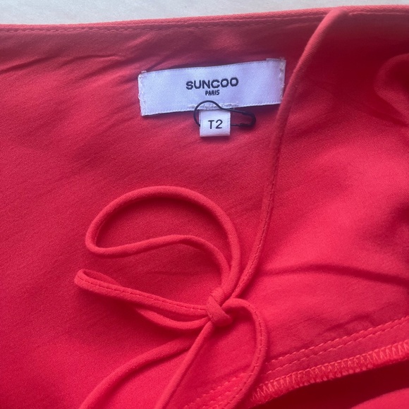 Suncoo Paris Coral Orange Open Back Cocktail Flounce Sleeve Top Blouse T-shirt - Picture 7 of 8